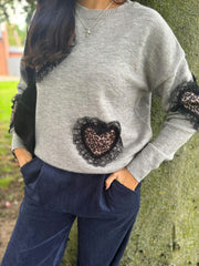 Grey Leopard Lace Heart Knit Olivia