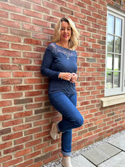 Navy Long Sleeve Lace Top Ruby