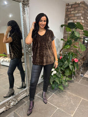 Chocolate Velour Sequin Trim Top Gabby