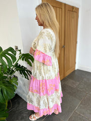 Pink Tiered Golden Leaf Kaftan Dress Molly