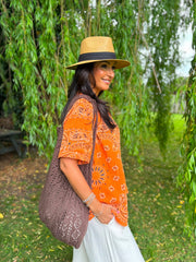 Orange Bubble Cotton Paisley Short Sleeve Shirt Jackie