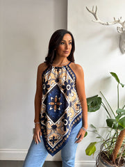 Navy Artistic Floral Print Top Adelaide