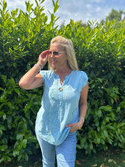 Blue Floral Frill Sleeve Top Chrissy