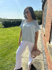 Blue Mesh Panel Knit Top Caroline