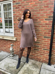 Mocha Ribbed Long Sleeve Dress Rhianna