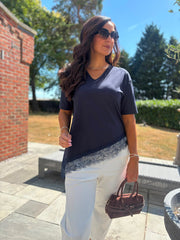 Navy Asymmetric Lace Hem Top Wendy