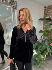 Black Velour Diamante Zip Top Cassie