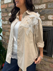 Oatmeal Embellished Floral Applique Blouse Misty