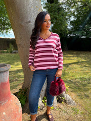 Wine V Neck Striped Sweat Top Demi
