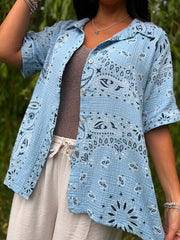 Blue Bubble Cotton Paisley Short Sleeve Shirt Jackie
