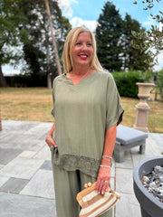 Khaki Sequin Trim Top Astrid