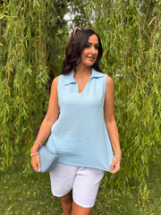 Blue Sleeveless Bubble Cotton Top Jean