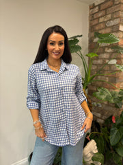 Denim Button Sleeve Gingham Blouse Opal