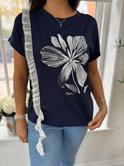 Navy Diamante Floral Lace Trim Tee Aria