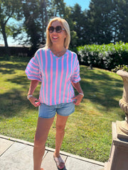 Denim & Pink Puff Sleeve Striped Top Erin
