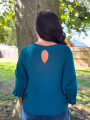 Teal Applique Ruffle Sleeve Knit Crystal