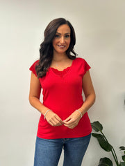 Red Ribbed Lace Detail Top Amelia