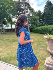 Royal Blue Bubble Cotton Leopard Dress Crystal