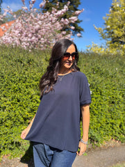 Navy Applique Floral Crepe Top Astra