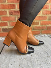 Tan Chain Front Block Heel Boots