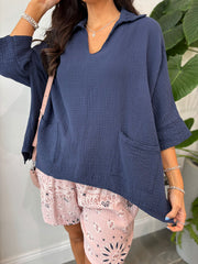 Navy Bubble Cotton Pocket Blouse Carol