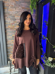 Chocolate Ruch Sequin Detail Top Avril