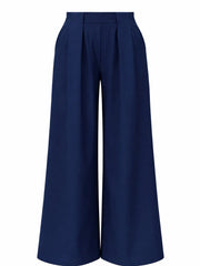 Navy Tailored Wide Leg Pleat Trousers