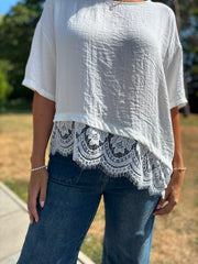 White Asymmetric Lace Trim Top Maria