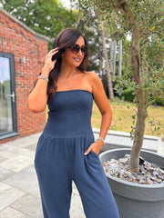 Navy Bubble Cotton Bandeau Jumpsuit