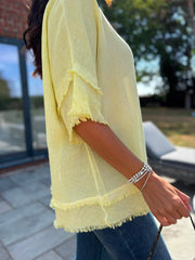 Lemon Frayed Detail V Neck Top River