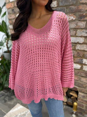 Candy Pink Multi Hole V Neck Knit Sammy