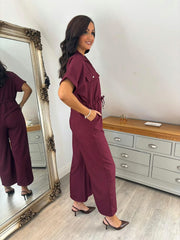 Wine Wide Leg Collared Jumpsuit Carrie