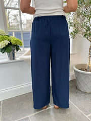 Navy Tailored Wide Leg Pleat Trousers