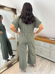 Khaki Wide Leg Collared Jumpsuit Carrie
