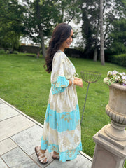 Blue Tiered Golden Leaf Kaftan Dress Molly