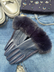 Navy Faux Fur Trim Gloves