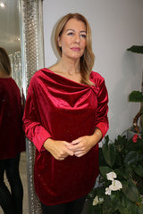 Wine Velour Cowl Neck Sparkle Top Olivia