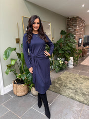 Navy Tie Waist Knit Dress Flora
