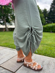Khaki Ruched Drawstring Wide Leg Trousers