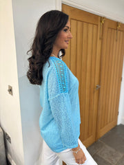 Blue Marl Crochet Detail Top Cora