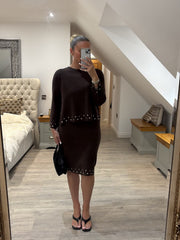 Chocolate Stud Detail Two Piece Skirt Set Wilma