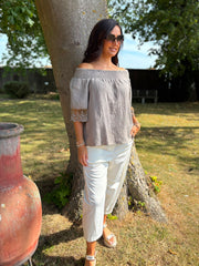 Mocha Bubble Cotton Lace Trim Top Adele