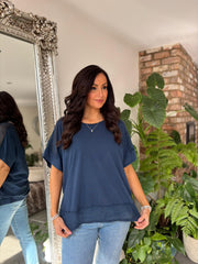Navy Mesh Trim Short Sleeve Top Riley