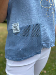 Denim Asymmetric Panel Flower Top Adele