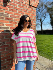 Neon Pink V Neck Striped Top Rose
