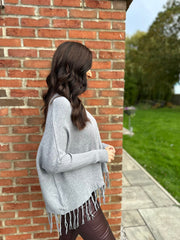 Grey Fringed Roll Neck Jumper Naomi