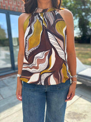 Chocolate Abstract Leaf Halter Neck Top Jessie