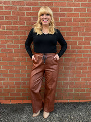 Tan Wide Leg Seam Front Pleather Trousers