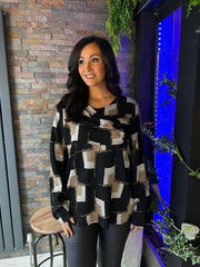 Black Shimmer Block Print Top Eve