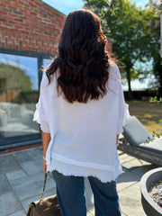 White Frayed Detail V Neck Top River